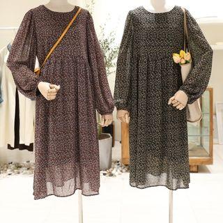 Long-sleeve Floral-pattern Midi Chiffon Dress
