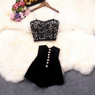 Set: Spaghetti Strap Lace Corset Top + Shorts