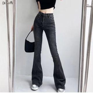 High Waist Distressed Trim Bell Bottom Jeans