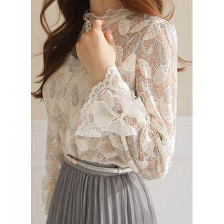 Ruffle-neck Ribbon-cuff Lace Blouse