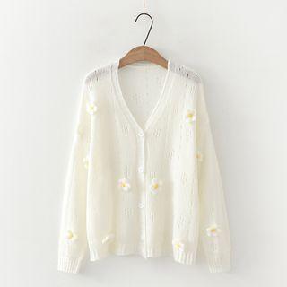 Flower Accent Knit Cardigan White - One Size