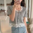 Short-sleeve Lace Trim Midi A-line Dress Gray - One Size