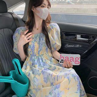 Puff-sleeve Print Midi A-line Dress Yellow & Blue - One Size