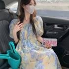 Puff-sleeve Print Midi A-line Dress Yellow & Blue - One Size