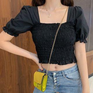 Short-sleeve Shirred Square-neck Crop Top