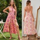 Halter Floral Side-slit Midi A-line Dress