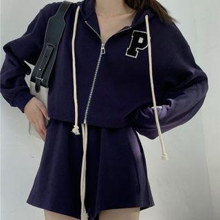 Letter Embroidered Hooded Zip Jacket / Drawstring Shorts
