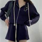 Letter Embroidered Hooded Zip Jacket / Drawstring Shorts