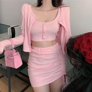Set: Cropped Tank Top + Drawstring Pencil Skirt + Cardigan