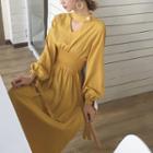 Plain V-neck Slim-fit Long-sleeve Dress
