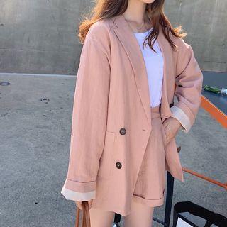 Set: Plain Double-breasted Blazer + High-waist Shorts