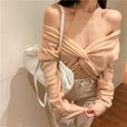 Halter Long-sleeve Twisted Off-shoulder Top