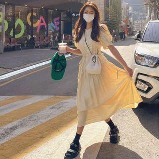 Short-sleeve Drawstring-waist Midi A-line Dress Yellow - One Size