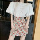 Ruched Puff-sleeve Top / Floral Print Mini Pencil Skirt