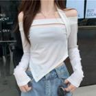 Long-sleeve Cold-shoulder Asymmetrical Hem Cutout Crop Top
