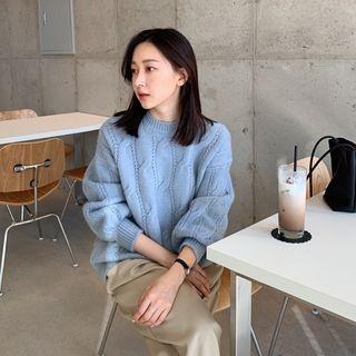 Long-sleeve Cable Knit Sweater Sky Blue - One Size