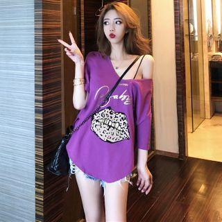 Lip-print Wide-neck Loose T-shirt