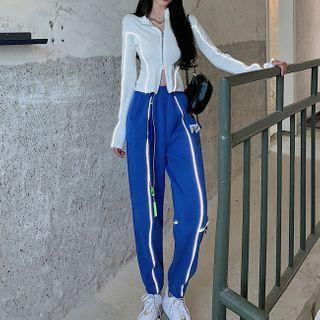 Long-sleeve Contrast Trim Zip Crop Top / Sweatpants