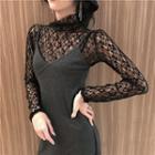 Turtleneck Long-sleeve Lace Top / Midi Spaghetti Strap Dress