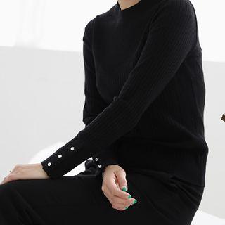 Faux-pearl Slim Rib-knit Top