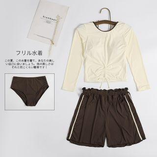 Set: Long-sleeve Drawstring Swim Top + Shorts + Bottom