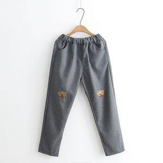 Bear Embroidered Band Waist Pants