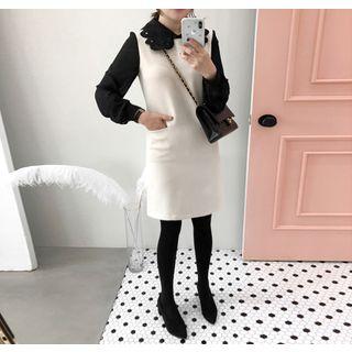 Scallop-edge Collared Sheer-sleeve Two-tone Dress