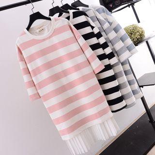 Set: Striped Elbow-sleeve T-shirt Dress + Pleated Hem Tank Dress