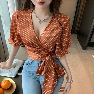 Short-sleeve V-neck Polka Dot Blouse