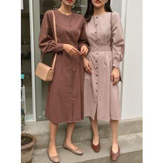 Tie-back Buttoned Check Long Dress