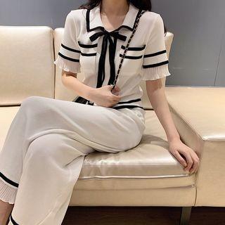 Set: Short-sleeve Collared Knit Top + Pants