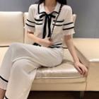 Set: Short-sleeve Collared Knit Top + Pants