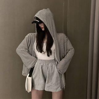 Plain Camisole/ Striped Hooded Jacket / High-waist Sweatshorts
