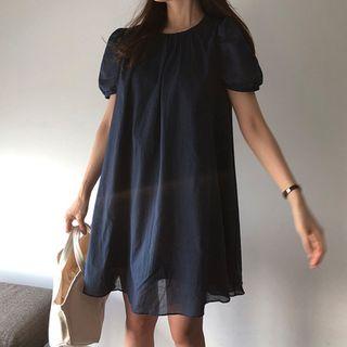 Plain Short-sleeve A-line Dress Dark Blue - One Size