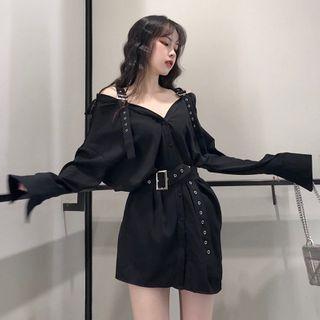 Cold Shoulder Shirt Dress Black - One Size