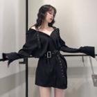 Cold Shoulder Shirt Dress Black - One Size