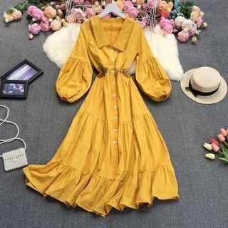 Puff-sleeve Collared Tiered Midi A-line Dress