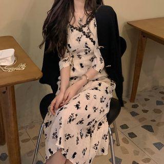 Plain Cardigan / 3/4-sleeve Floral Print Midi Dress