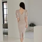 Puff-sleeve Mock-neck Open-back Midi Dress