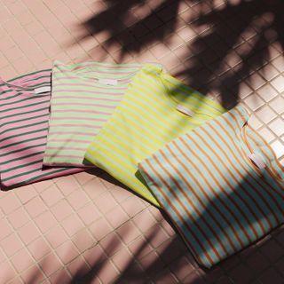 Drop-shoulder Shirred Stripe T-shirt