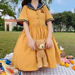 Short-sleeve Collar Bear Embroidered Smock Dress