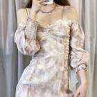 Long-sleeve Floral A-line Dress Grayish Pink & White - One Size