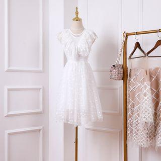 Sleeveless Polka Dot Mesh Ruffled A-line Dress