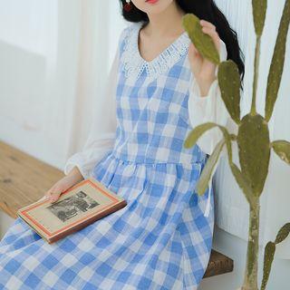 Lace Panel Long-sleeve Plaid A-line Dress