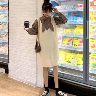 Long-sleeve Plaid Bow Accent Shirt/ Sweater Vest Dress