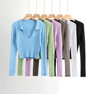 Long Sleeve V-neck Knit Polo Shirt