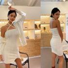 Set: V-neck Cardigan + Halter Cable-knit Minidress