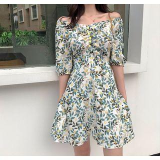 Leaf Print Off-shoulder A-line Mini Dress