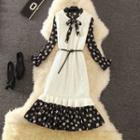 Set: Long-sleeve Leaf Print Midi A-line Dress + Frill Hem Knit Tank Dress