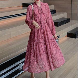 Long-sleeve Floral Print Midi A Line Dress